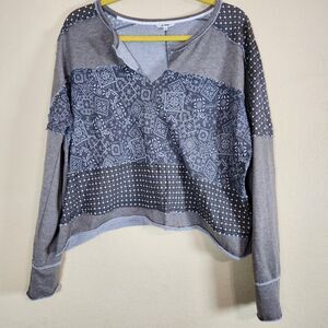 In Loom crop top geometric lounge comfy relax boho color block gray blouse Large